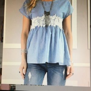 Pinstripe Lace-Trim Tunic Top